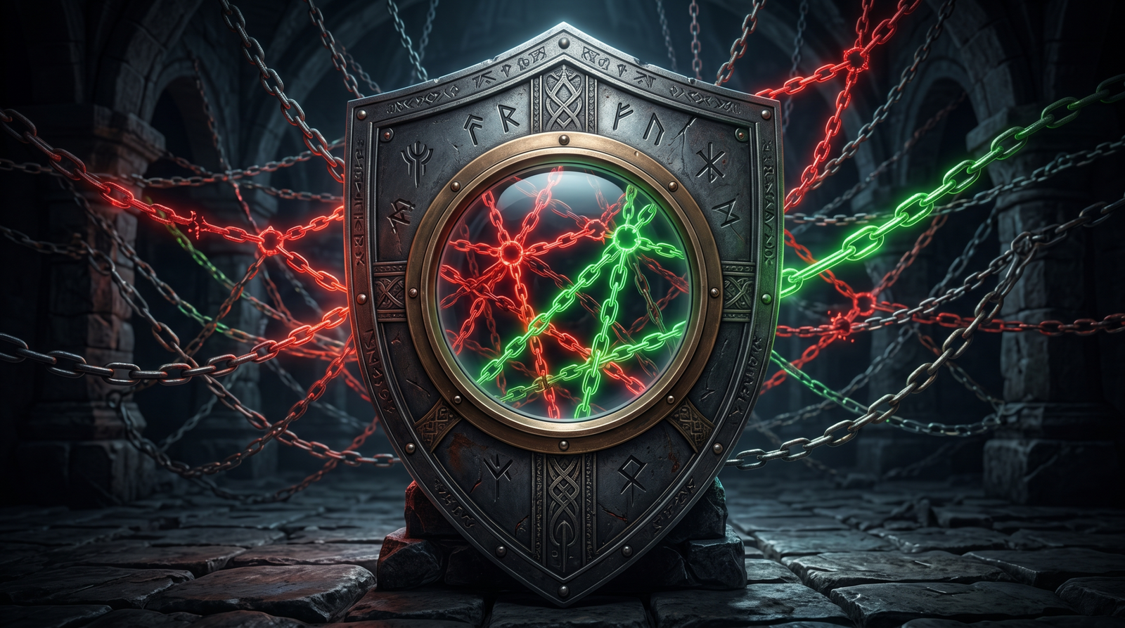 An illustration of a shield with a magnifying glass examining dangerous red permission chains versus safe green ones, symbolizing ACL auditing and defense