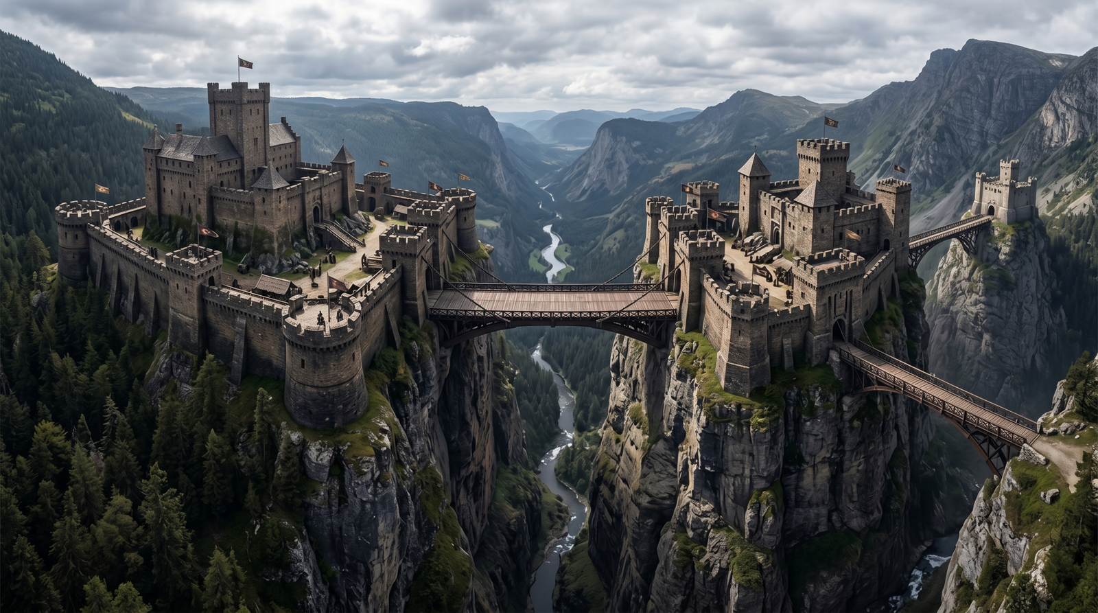 Two fortresses connected by a wide two-way drawbridge representing a transitive forest trust, with a narrower one-way bridge to a third structure representing a non-transitive external trust
