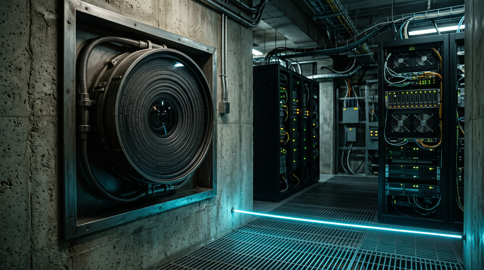 A stylised surveillance lens representing Active Directory audit logging with event log rings, and a glowing tripwire on the floor representing a decoy canary object for high-signal detection