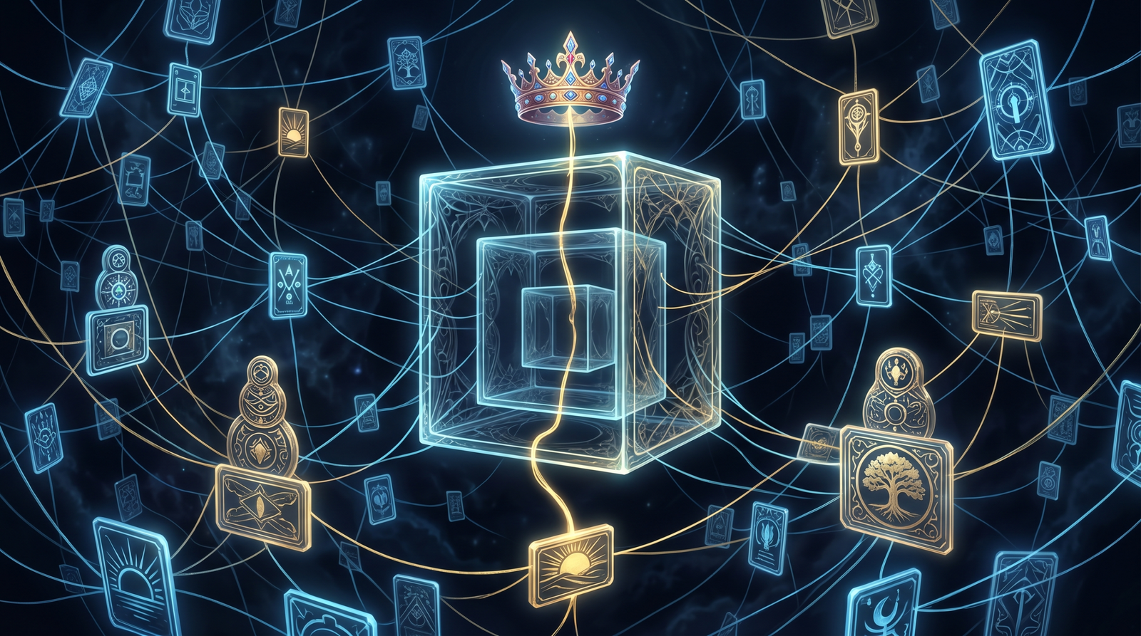 Illustration of nested group membership as glowing concentric containers, with a thread connecting through multiple layers up to a crown symbolising Domain Admin privilege