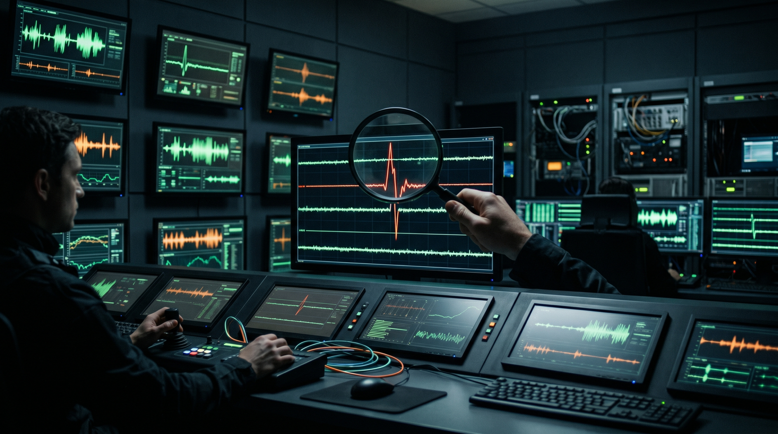 Illustration of a security operations centre with anomaly detection screens highlighting a single spike in directory query volume against a flat baseline