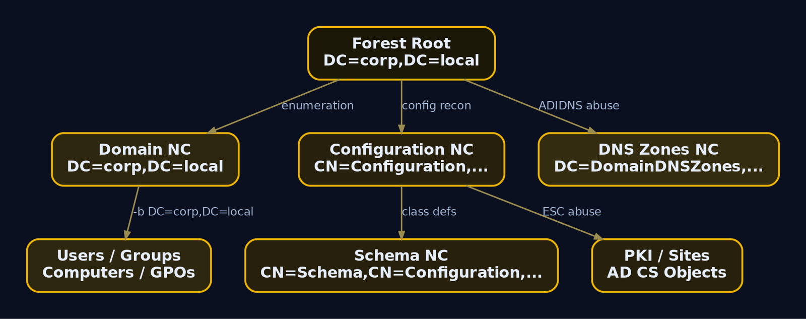 Hierarchy diagram showing the four Active Directory naming contexts branching from the forest root, with attack relevance labels on each partition