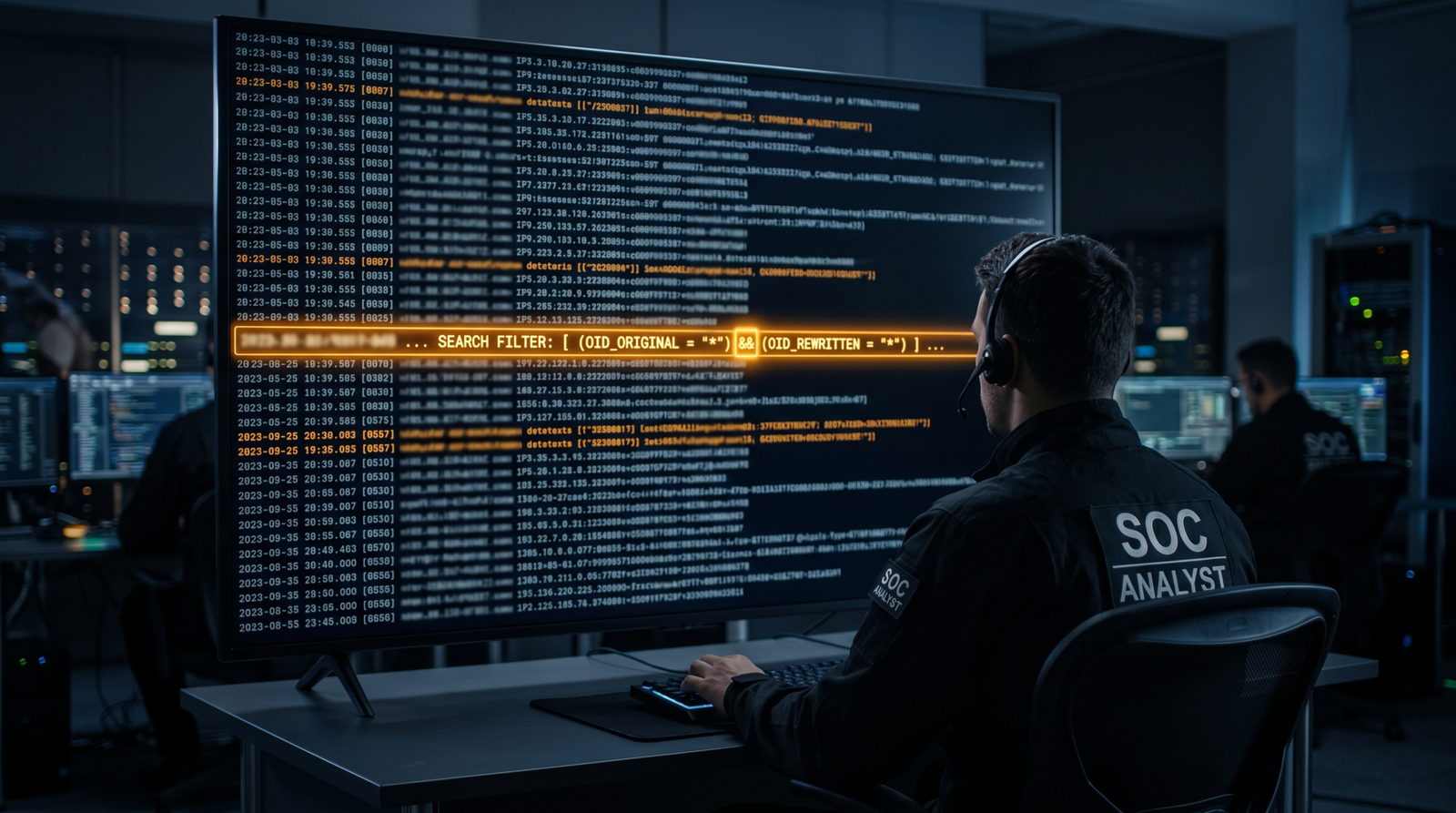 Analyst detecting suspicious LDAP queries in Windows Event logs, with a highlighted filter line showing the rewritten bitwise operator