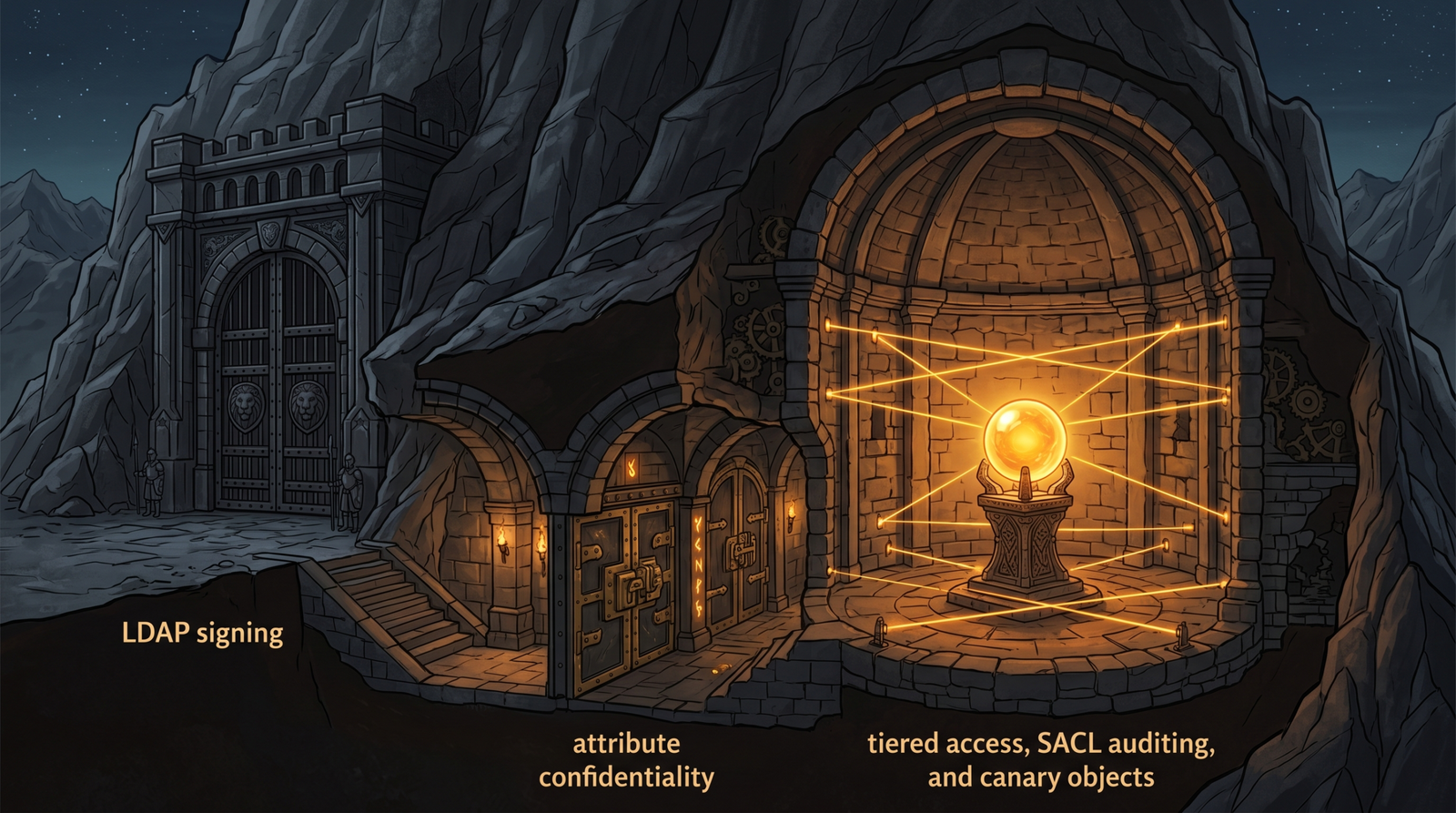 Layered fortress illustration representing defense-in-depth mitigations: LDAP signing, confidential attributes, tiered access model, and SACL auditing
