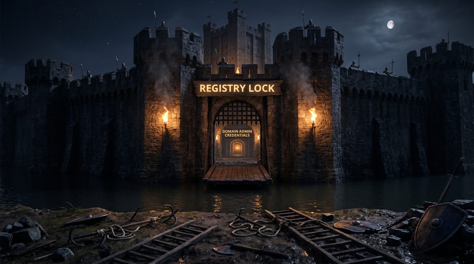 Illustration of a layered castle fortress with multiple blocked entry points symbolising defence-in-depth mitigations that prevent session hunting from reaching privileged credentials