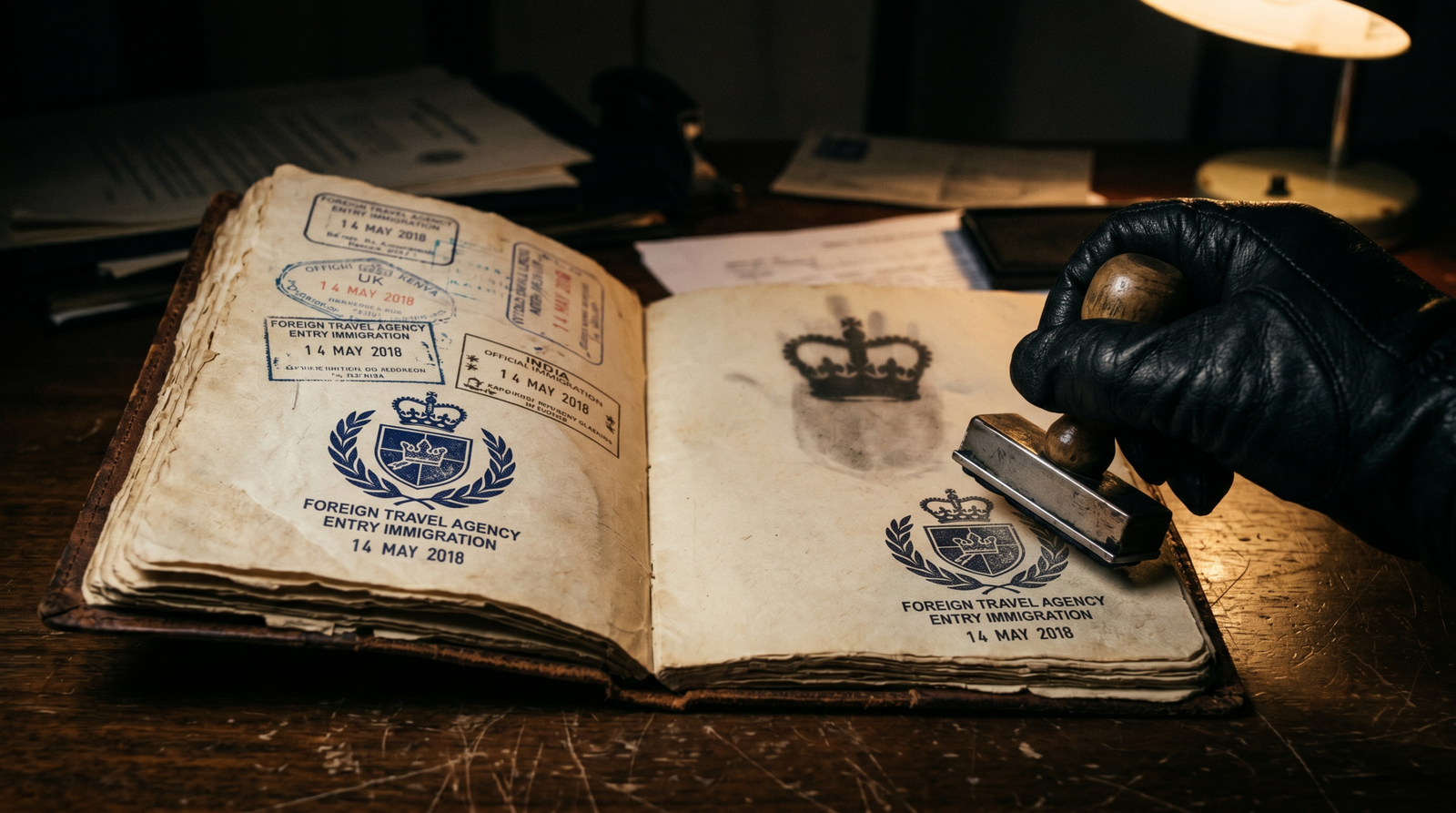 Illustration of a forged identity stamp being pressed into an official document, symbolizing SIDHistory injection granting illegitimate elevated privileges