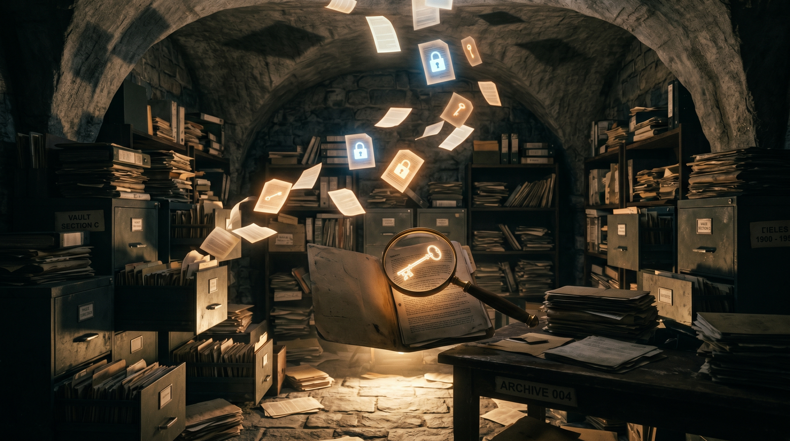 Illustration of a dark vault with filing cabinets and glowing documents rising upward, a magnifying glass revealing a key hidden inside an open folder