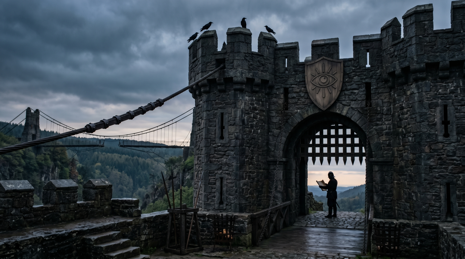 Illustration of a fortified gatehouse with a guard reviewing logs, reinforced trust bridge cables in the background and a shield with an eye symbol on the wall