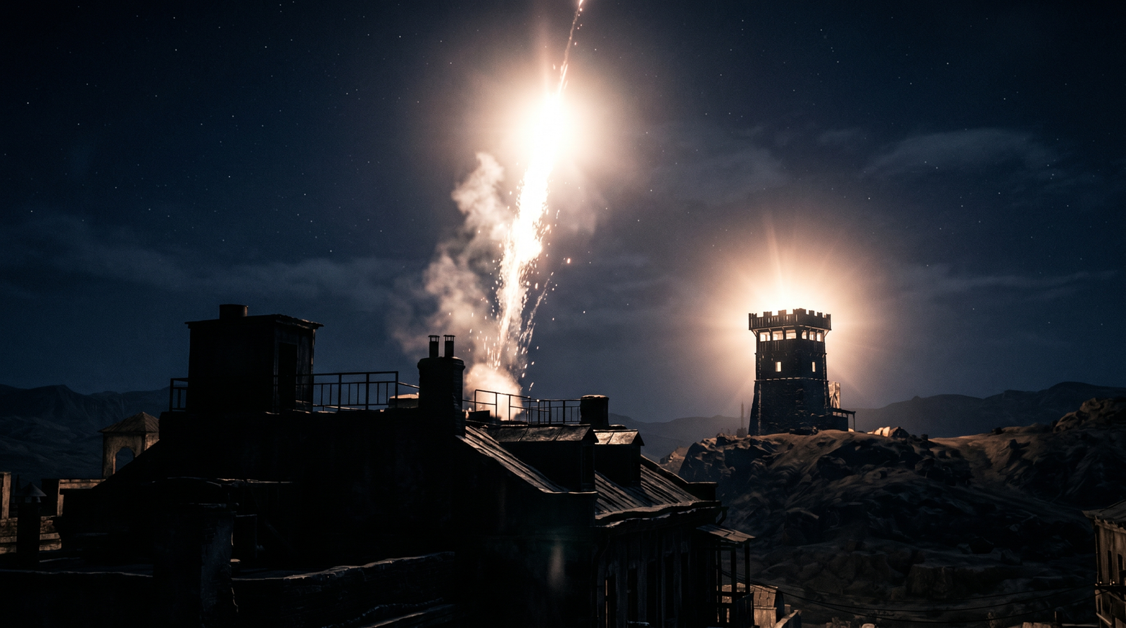 Illustration of a signal flare lighting up a dark landscape with a watchtower in the distance, symbolizing how careless AD module query flags like -Properties * alert defenders