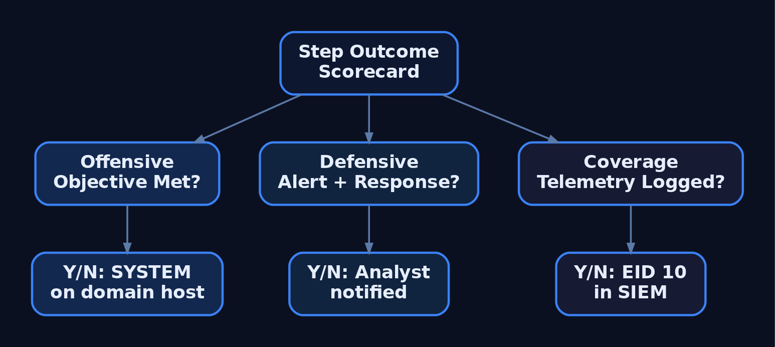 Hierarchy diagram splitting each emulation step's outcome into three independent binary scoring tracks: offensive objective achieved, defensive alert and analyst response triggered, and raw telemetry coverage confirmed in the SIEM.