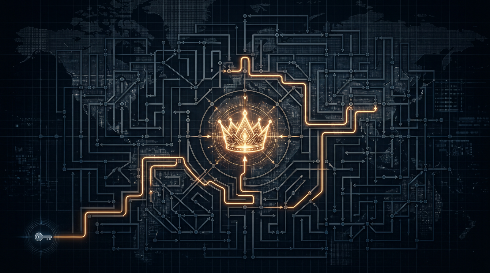 Conceptual illustration of a directed privilege graph with a path winding from a low-privilege node toward a central domain-admin crown