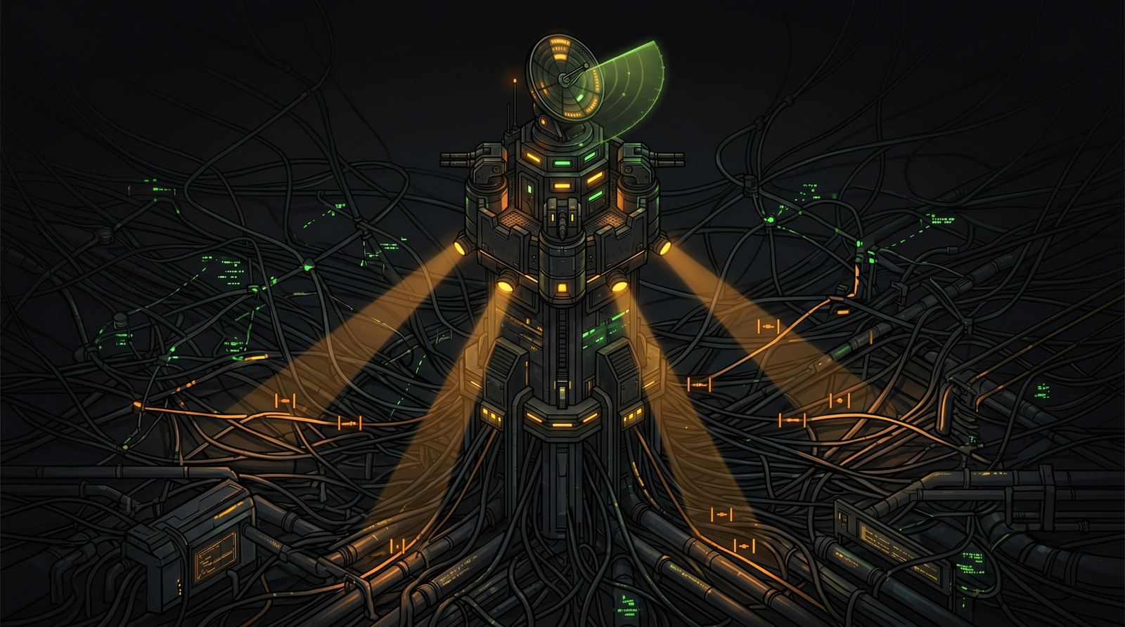 Conceptual illustration of a defensive watchtower monitoring network named-pipe connections with radar and spotlights to detect enumeration activity