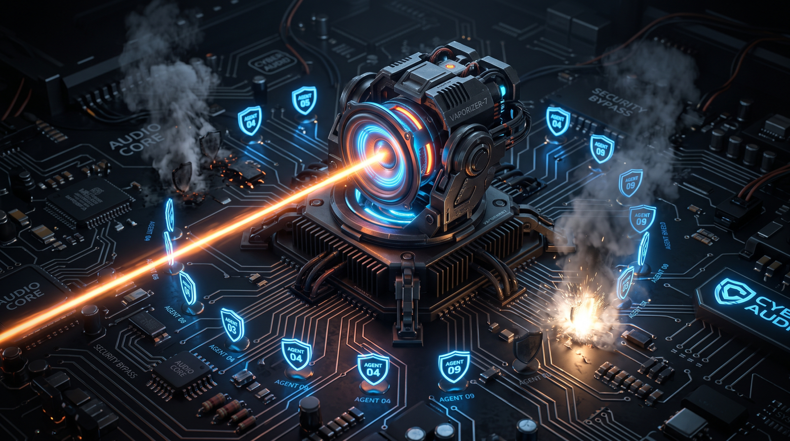 Illustration of an automated audio driver chip firing repeated kill pulses destroying security process shields in a persistent loop