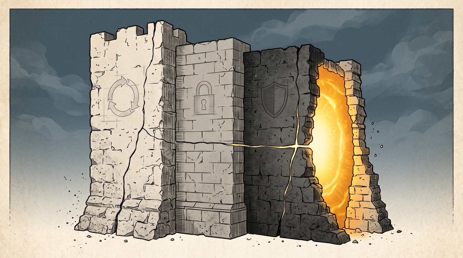 Conceptual illustration of a layered security architecture completely pierced by a single vulnerability, symbolizing how one unvalidated input collapses implicit trust boundaries from network edge to root
