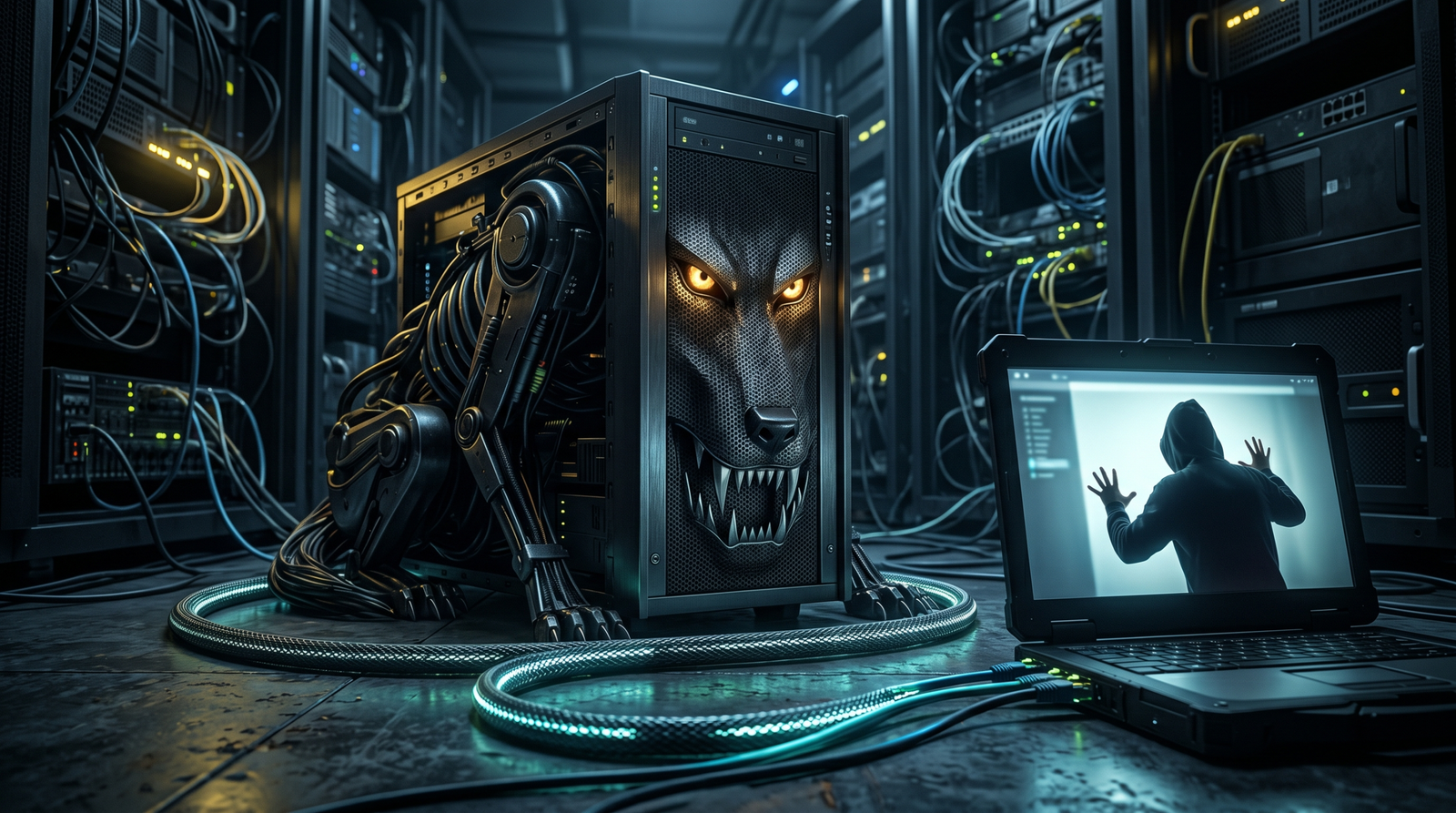 Illustration of a rogue server masquerading as a legitimate endpoint, luring an unsuspecting user through a network cable into a trap