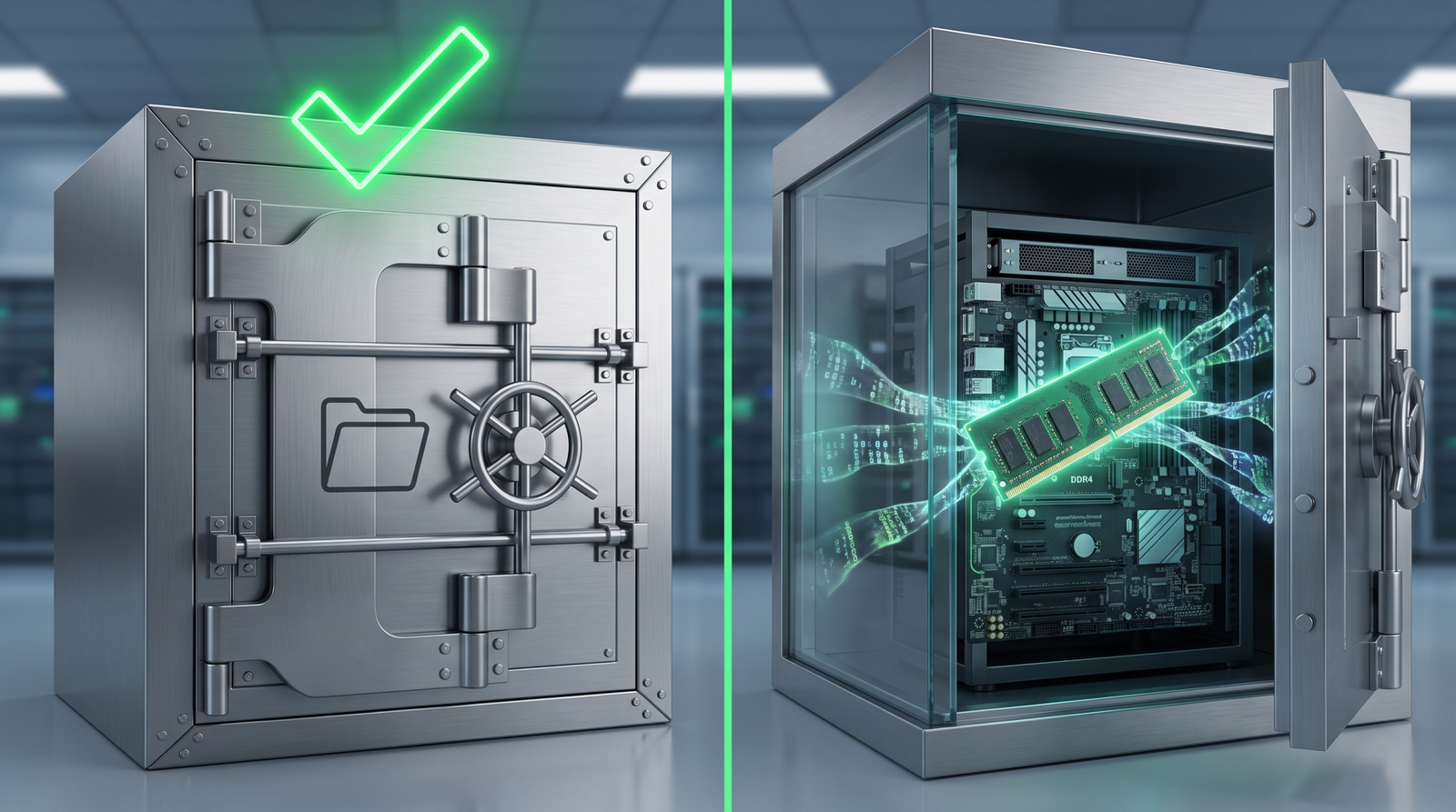 Illustration contrasting a file-integrity monitor seeing a clean on-disk hash while corrupted in-memory page-cache data flows invisibly inside