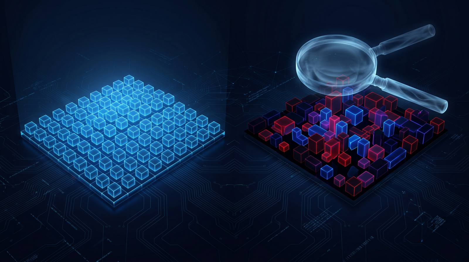 Conceptual illustration contrasting heap memory layout under a debugger versus normal execution, visualising how observation changes the target's internal state