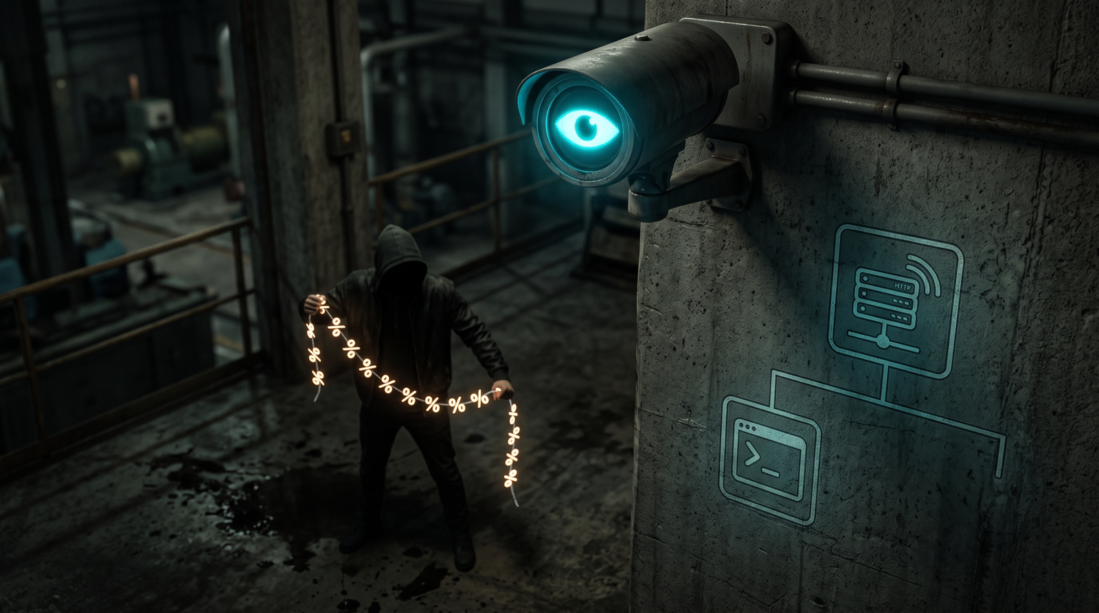 Conceptual illustration of behavioral detection showing a surveillance camera observing a shadowy attacker and a process tree with a web server unexpectedly spawning a shell child process