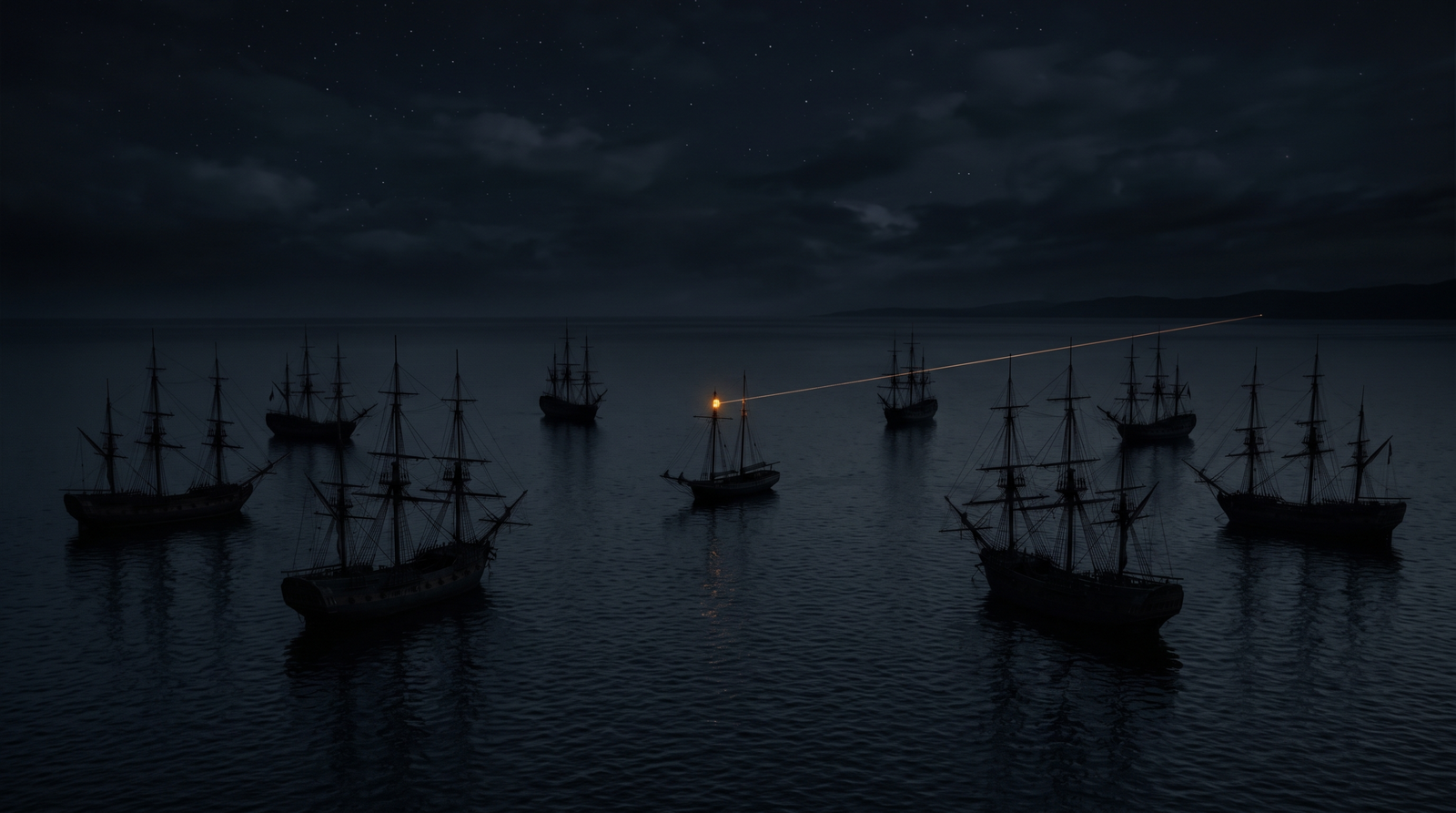 Eleven dark silent ships on a night ocean with one lone lit vessel representing the single Kazuar LEADER node generating external traffic while SILENT peers remain undetectable
