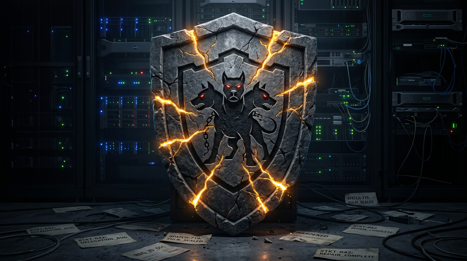 Symbolic illustration of a cracked Kerberos shield being repaired, representing defensive hardening against delegation attacks