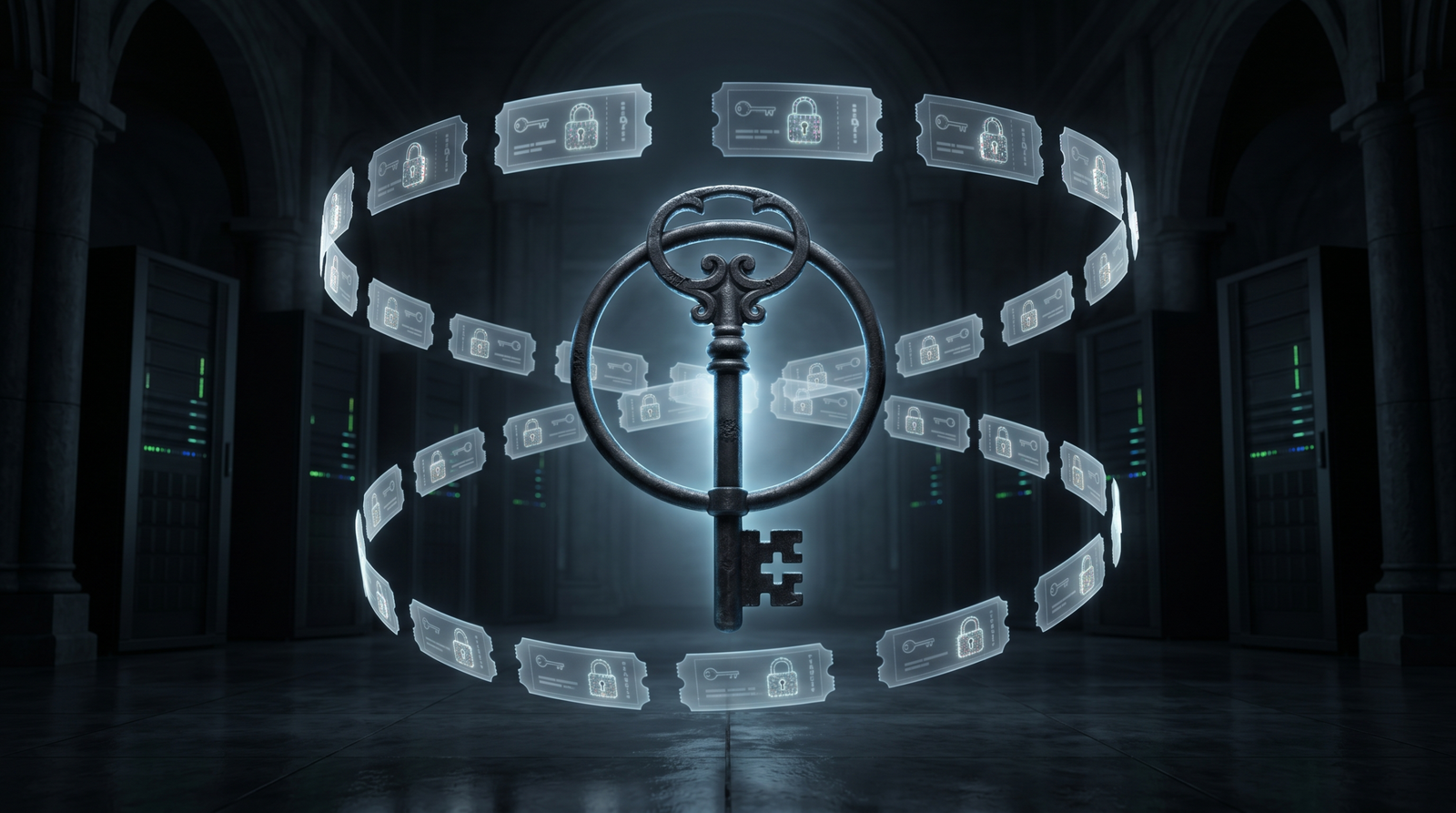 Conceptual illustration of the krbtgt account as a singular master key with all domain TGTs orbiting around it, emphasizing its role as the cryptographic root of trust for the entire Active Directory domain