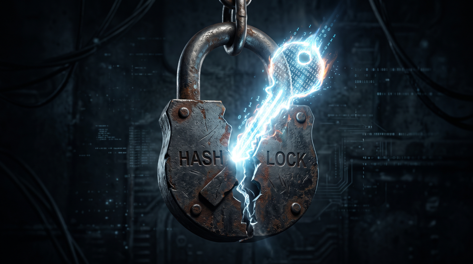 Illustration of a broken padlock with a glowing key emerging, symbolising offline AS-REP hash cracking