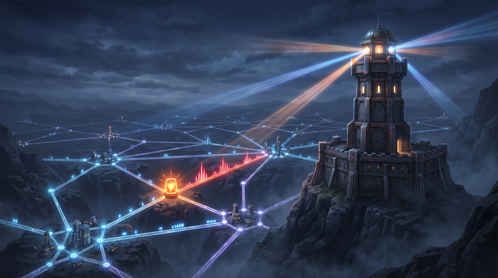 Illustration of a watchtower scanning a network, representing domain controller audit logging and SIEM alerting on Kerberos anomalies