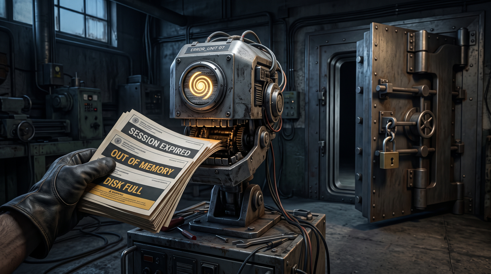 Illustration of forged system error messages being fed to a confused AI analyst robot while a vault goes unguarded behind it