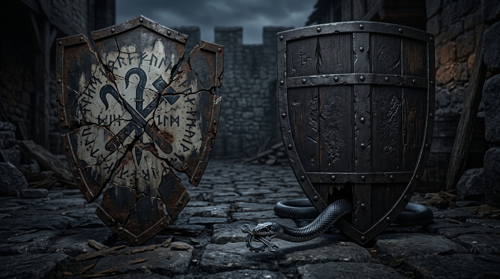 Illustration of one broken shield representing defeated preinstall defenses while a serpent slips under a second intact shield representing the binding.gyp bypass that ignore-scripts cannot stop