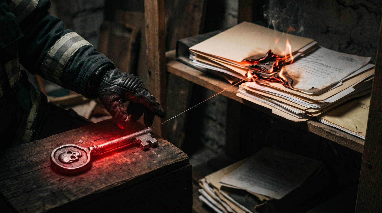 Illustration of a hand reaching for a key connected by a hidden tripwire to burning documents, symbolizing the honeytoken deadman switch that destroys evidence if tokens are revoked before the monitor daemon is removed