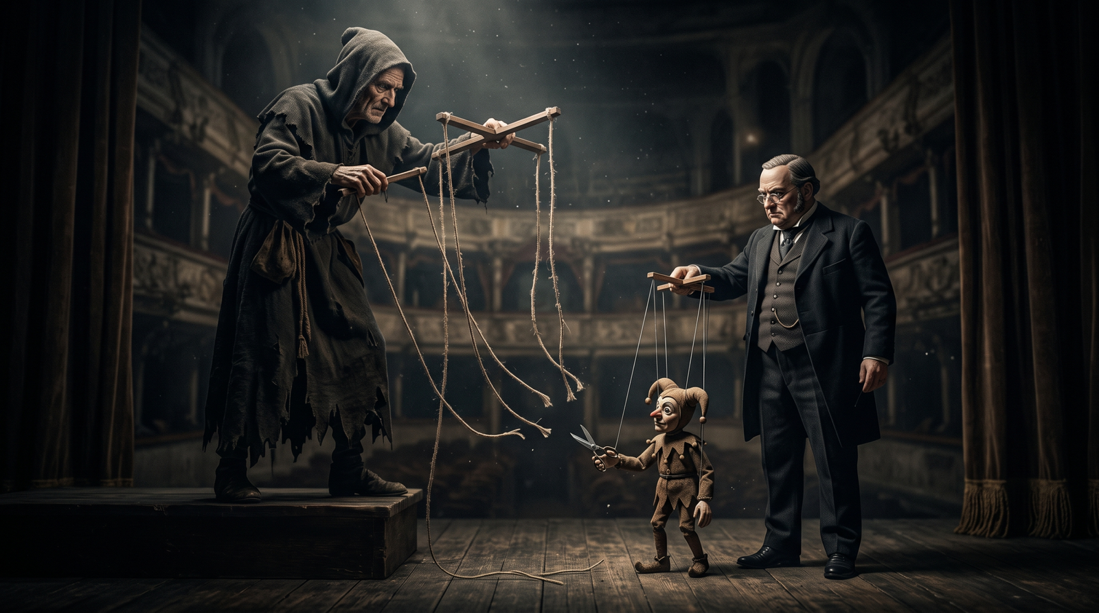 Illustration of a puppet cutting its strings from one controller and reattaching to another, symbolizing WMI process chain manipulation breaking parent-child attribution