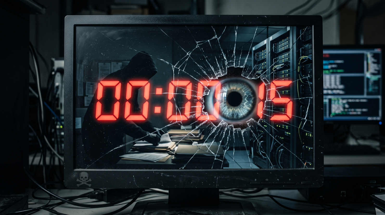 Illustration of a ransomware countdown timer as a cracked facade revealing a surveillance eye behind it, symbolizing espionage hidden beneath criminal ransomware theater