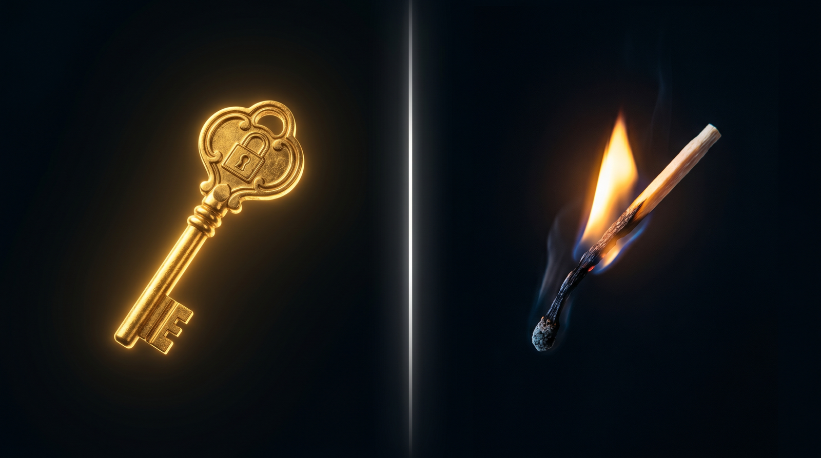 A golden key symbolising the reusable NT hash contrasted with a burning match symbolising the ephemeral Net-NTLMv2 one-time response