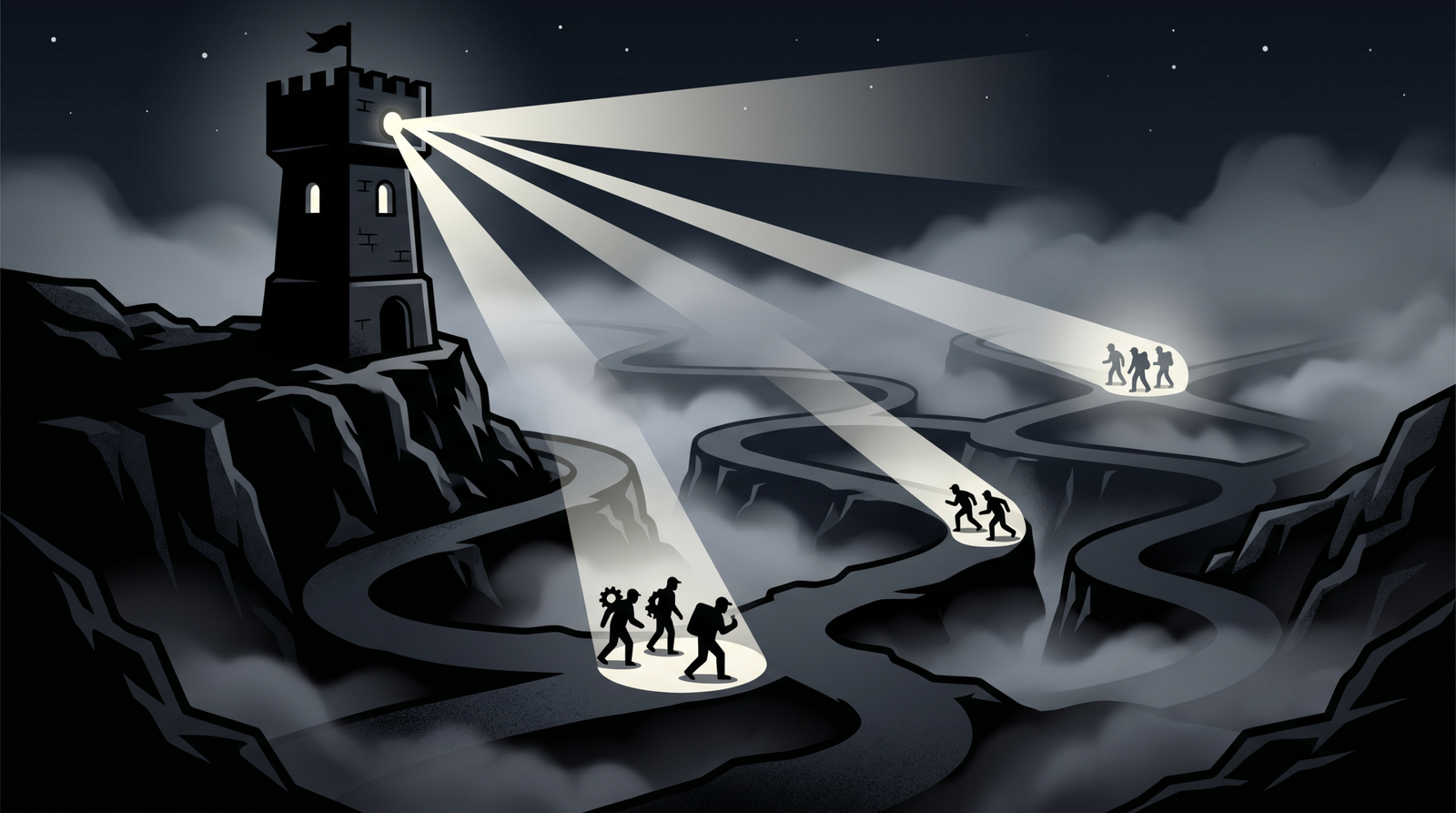 A symbolic watchtower with searchlights representing security monitoring and detection of NTLM relay activity across the network
