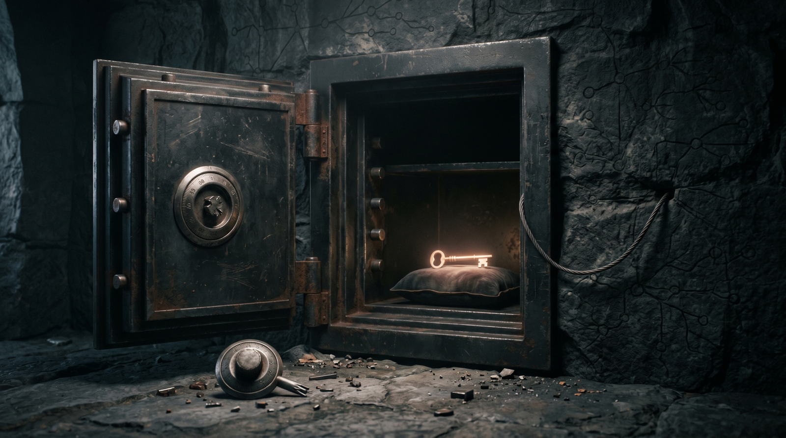 Illustration of a broken-open safe revealing a glowing key, symbolising LAPS password exposure through over-broad delegation