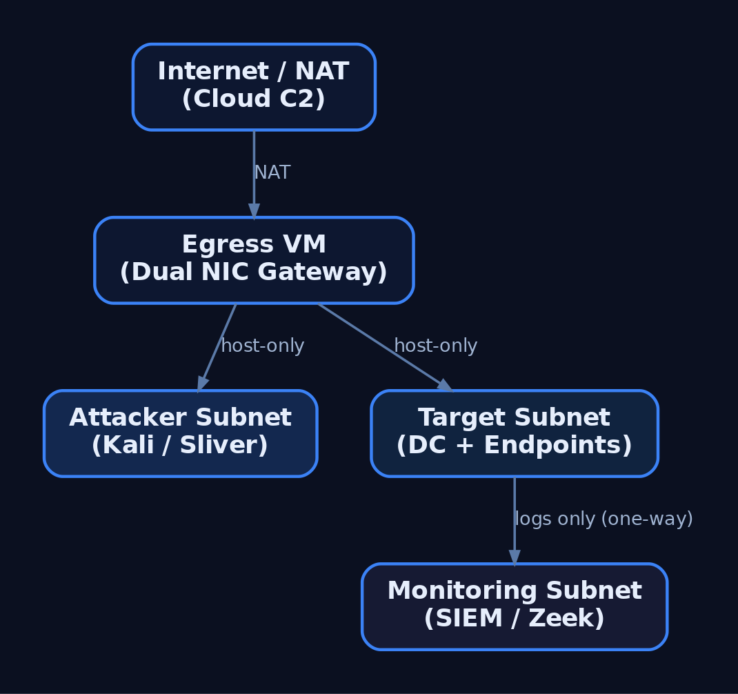Diagram showing three isolated host-only network tiers — attacker, target, and monitoring — connected through a dual-NIC egress VM acting as the sole gateway to the internet
