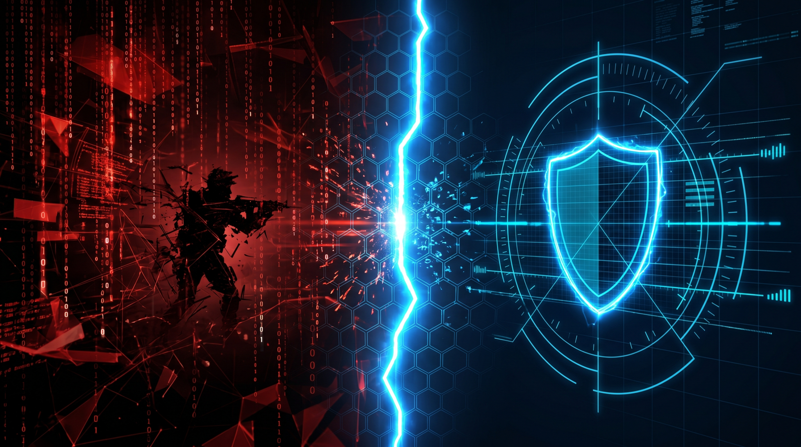 Abstract illustration of a glowing blue dividing line separating a red offensive side from a blue defensive side, symbolizing red and blue team collaboration in a purple team exercise