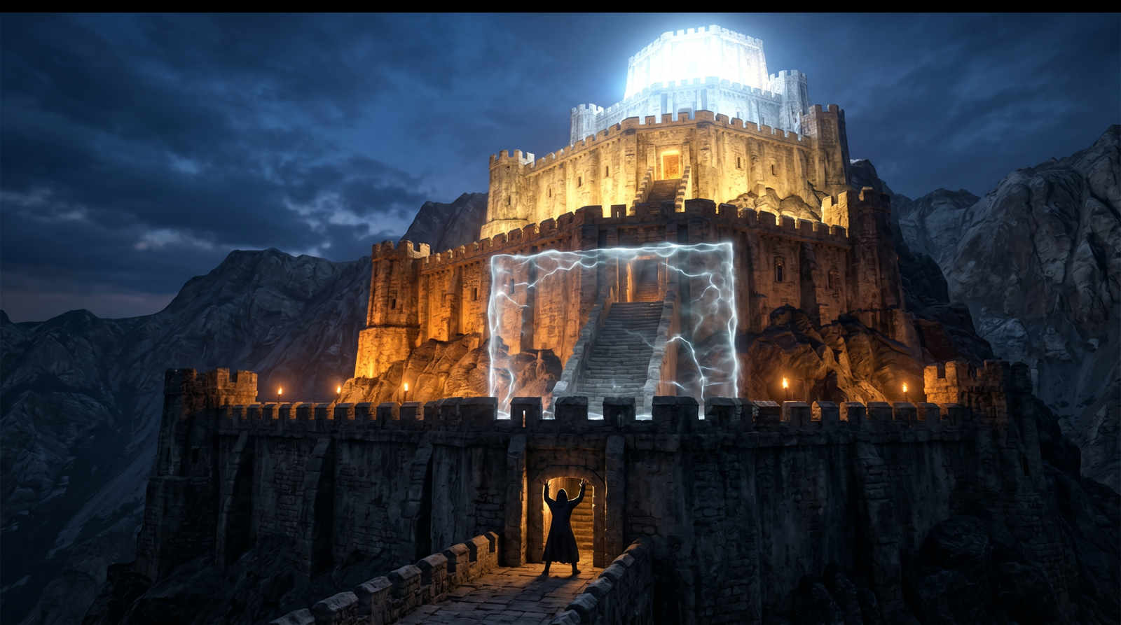 Illustration of a four-tiered fortress with ascending integrity levels, a figure blocked by an invisible barrier from reaching higher tiers, representing Mandatory Integrity Control preventing write-up.