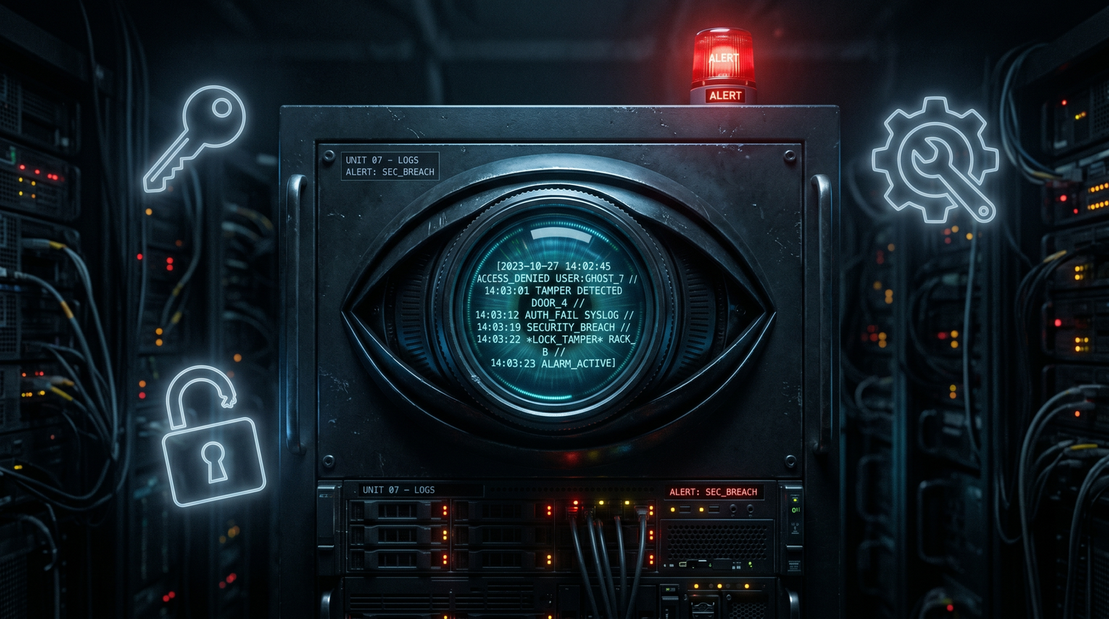 Illustration of a server rack with a surveillance eye as its front panel, watching ghostly icons of keys, broken locks, and service gears - representing Windows audit logging catching weak DACL abuse.
