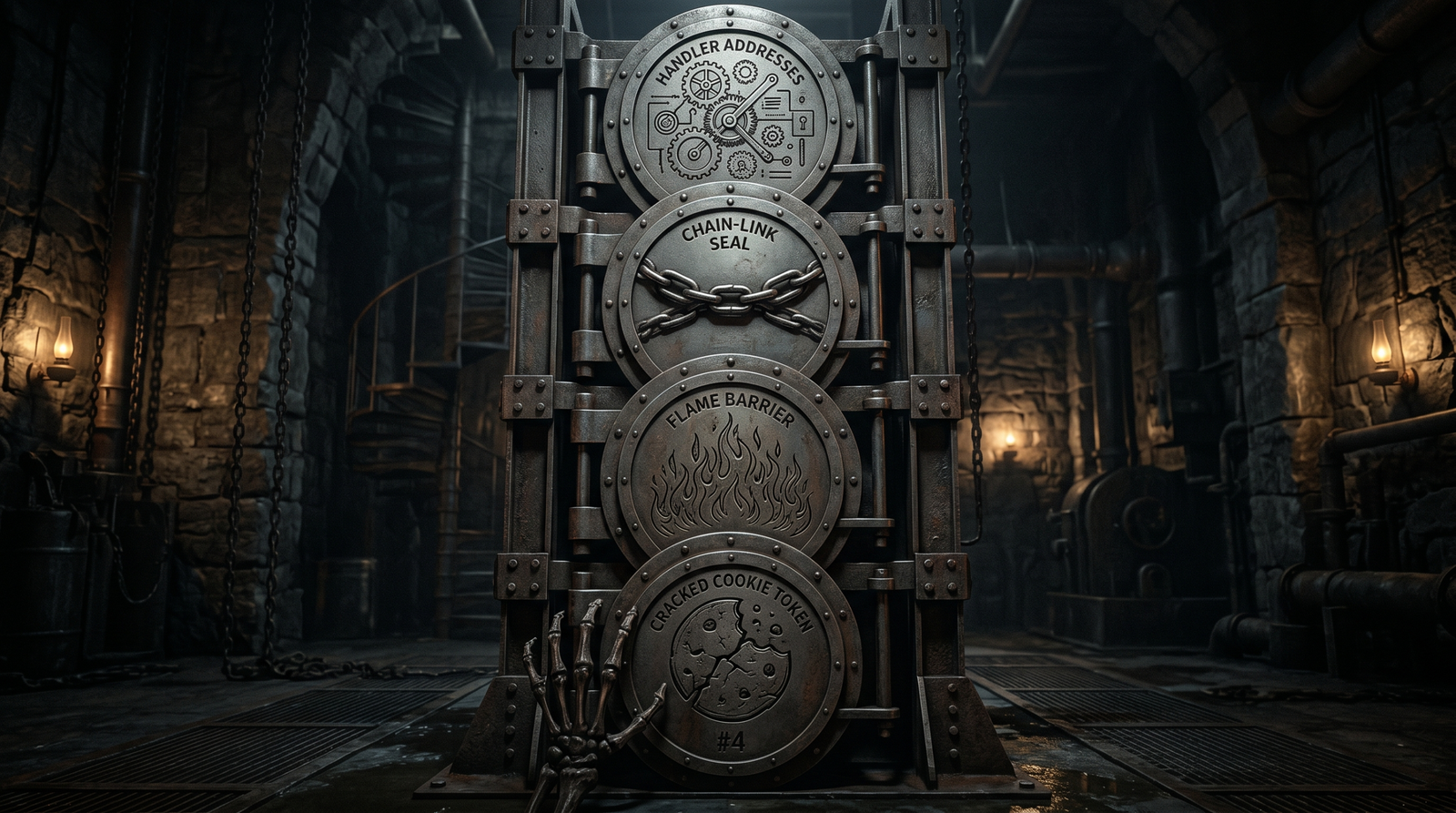 Four stacked vault doors representing layered exploit mitigations: SafeSEH, SEHOP, DEP, and stack cookies blocking an attacker