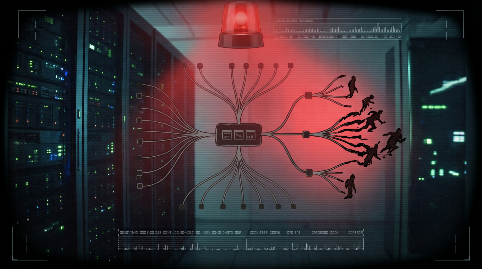 Conceptual illustration of behavioral detection — a suspicious process tree spawning child shells visible through a monitoring lens
