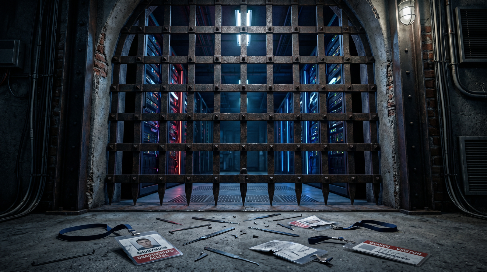 Illustration of a sealed iron gate blocking a server corridor with broken intrusion tools discarded in front, symbolizing hardened anonymous-access controls