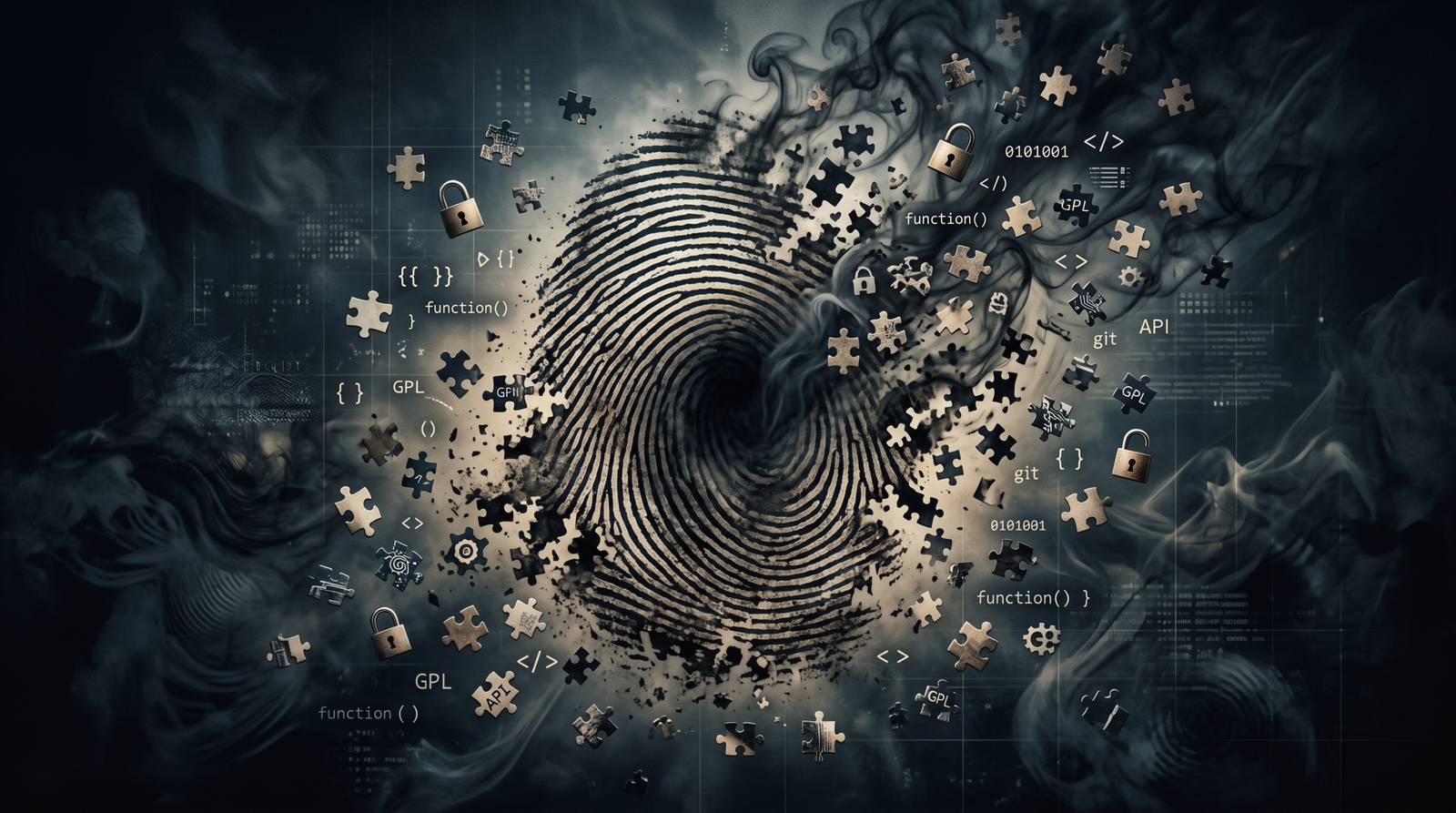 A dissolving fingerprint symbolizing the intentional erasure of threat-actor attribution through commoditized open-source tooling