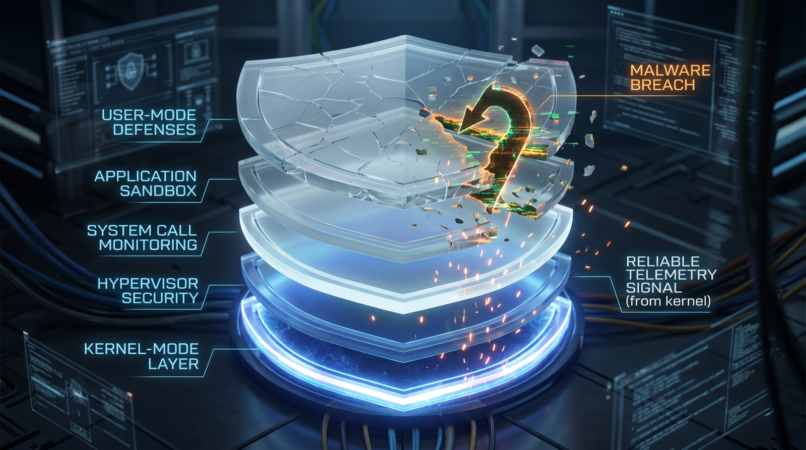 Layered defensive shields showing user-mode hooks compromised at the top layer while the kernel telemetry layer beneath remains intact and emitting detection signals