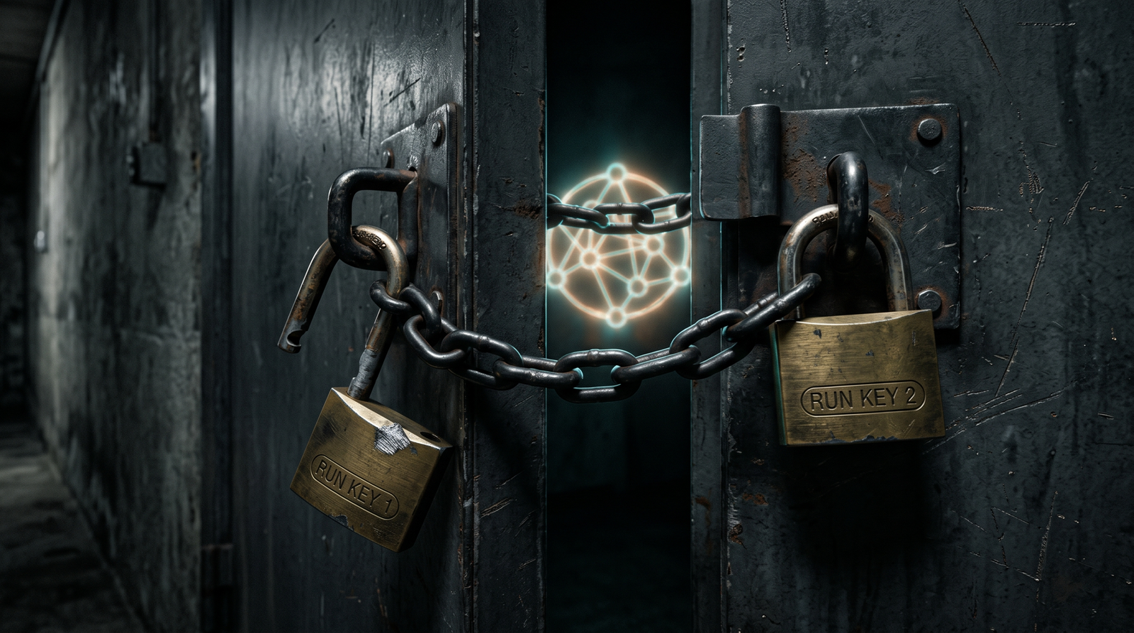 Two chained padlocks on a door where one is broken but the second still holds it shut, symbolizing dual registry persistence where removing only one key leaves the implant alive