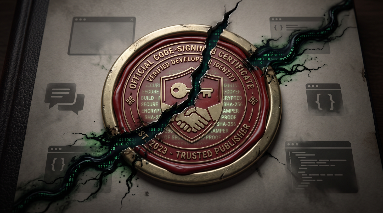 A cracked code-signing certificate seal with a dark malicious stream leaking through the crack, surrounded by silhouettes of legitimate desktop applications built on Node.js and Electron