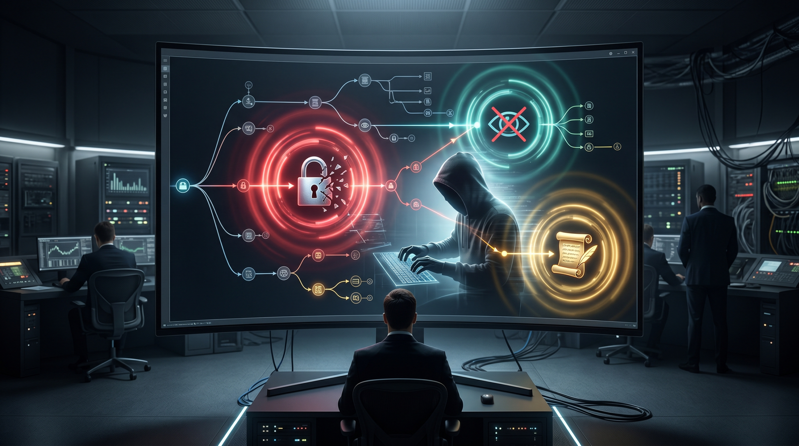 Illustration of a dark security operations centre with a timeline of events where DACL change, SACL strip, and registry modification alerts radiate outward catching a silhouetted attacker