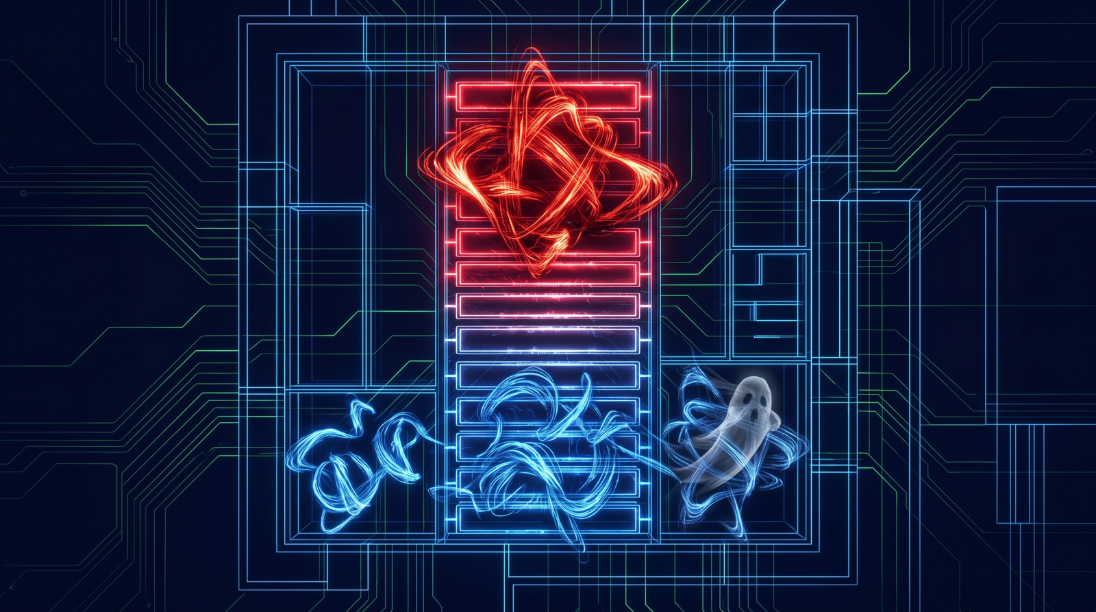 Conceptual illustration of attacker thread priority manipulation showing a high-priority red thread overwhelming lower-priority blue threads on a CPU grid