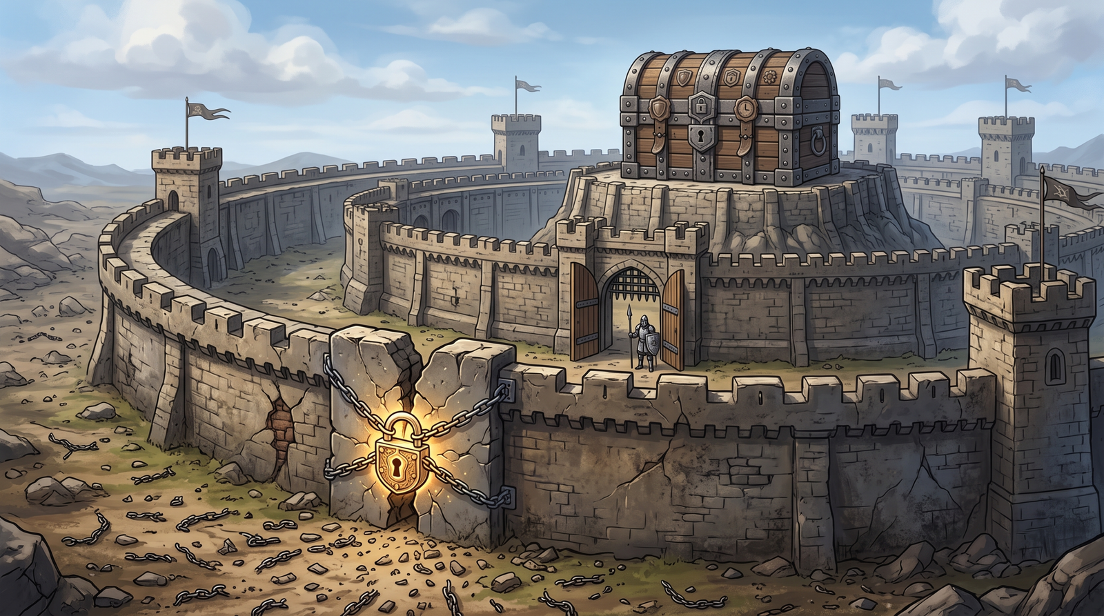 Layered fortress illustration representing the defense-in-depth hardening priorities: outer NetScaler patching, middle RMM control, and inner immutable backup protection