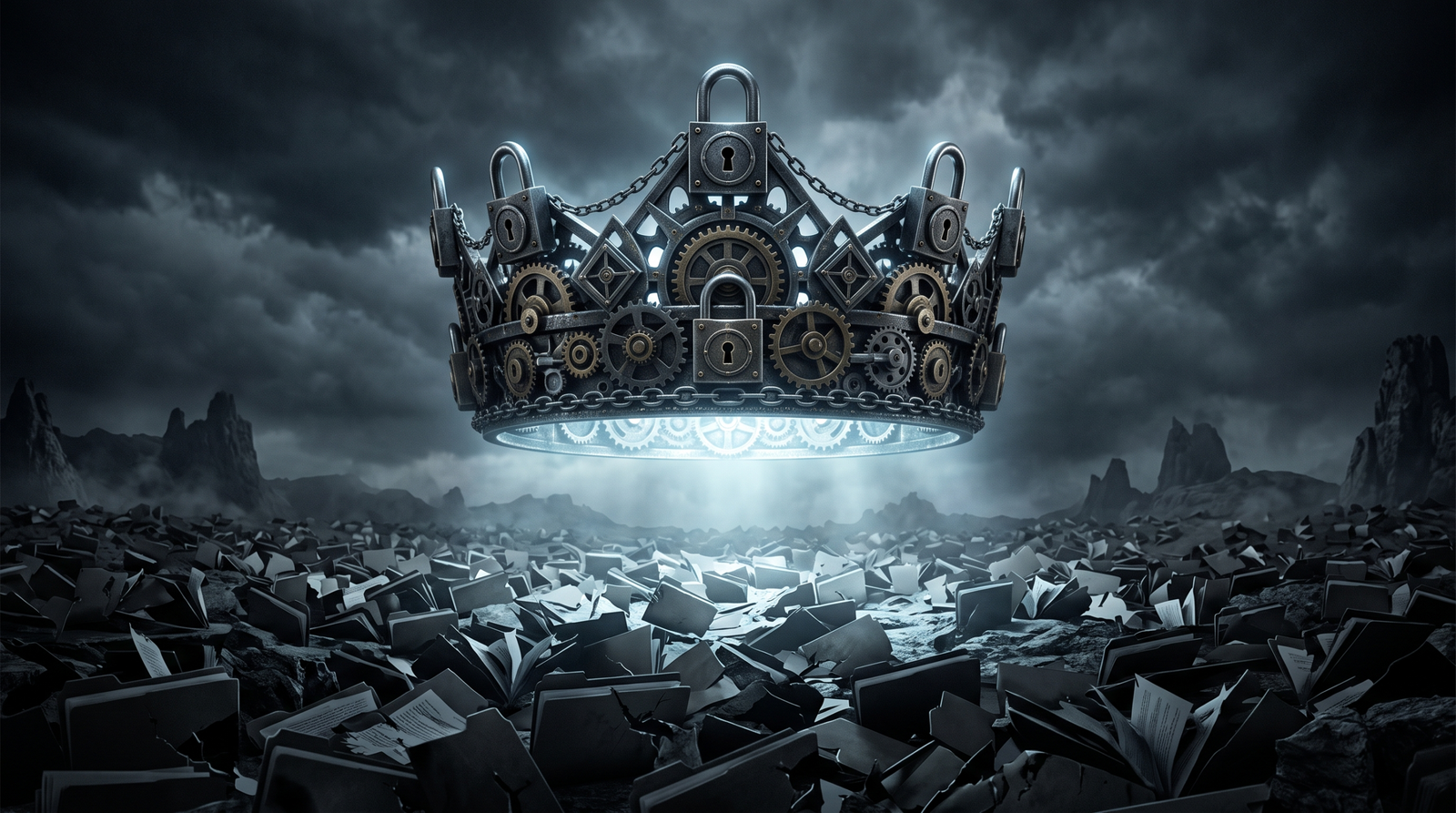 Conceptual illustration of the CrownX ransomware payload as a crown built from padlocks and vault mechanisms looming over destroyed file icons